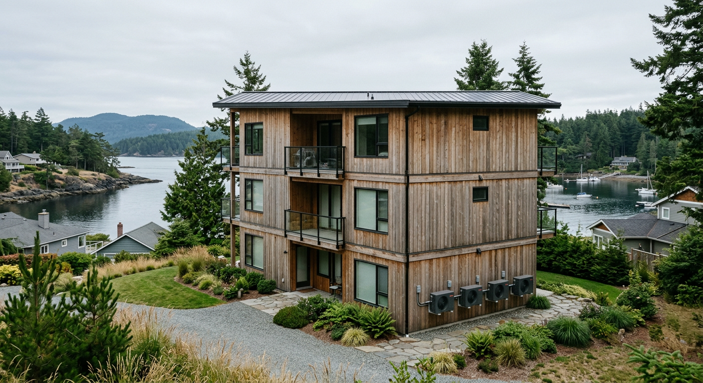 A small apartment building with heat-pump condensers mounted along its side wall